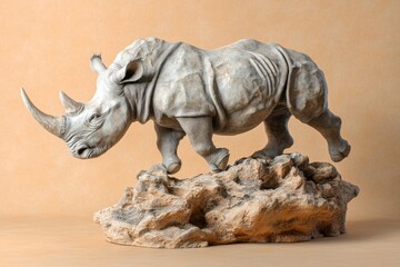Fototapeta premium Detailed sculpture of a white rhinoceros on a rocky outcrop.