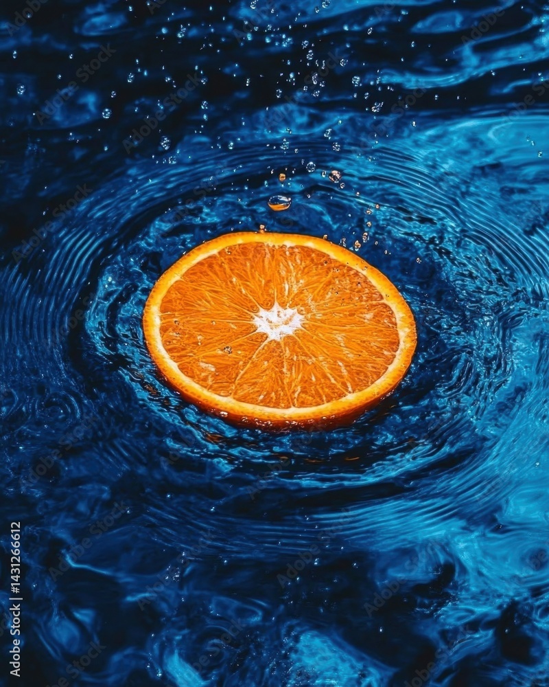 Poster vibrant orange slice floating in rippling blue water creating splash and concentric circles aerial v