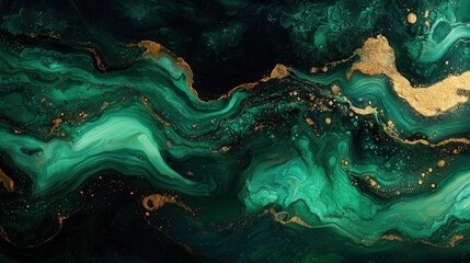 Abstract Green and Gold Fluid Art Background with Swirling Patterns