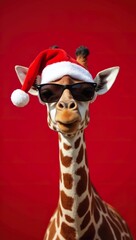 A giraffe in a Santa hat and red sunglasses against a red background. Festive, humorous Christmas image.