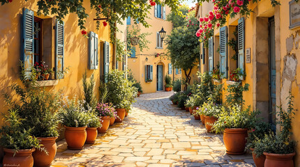 Naklejka premium Sun-Drenched Mediterranean Alleyway Charming Cobblestone Street with Vibrant Flowers and Yellow Buildings