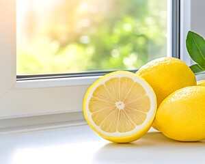 Three lemons on windowsill with one cut in half