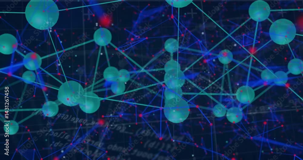 Poster abstract digital network being visualized, showing green spheres floating on teal lines over grid