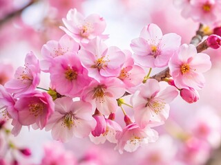 Naklejka premium Pink Cherry Blossoms Full Bloom, Delicate Petals, White Background, Spring, Nature Photography