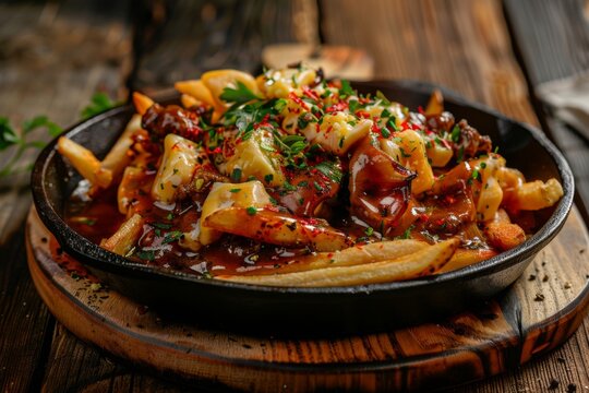 Classic Canadian poutine dish with crispy fries cheese curds and rich gravy studio shot on rustic wood