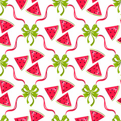 Cute watermelon slices with green ribbons and coquette bows seamless pattern. Trellis ribbons with sweet melons on white background