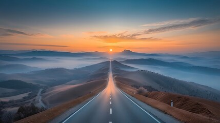 Long road extends to horizon at sunrise, surrounded by mountains and fog