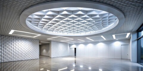Obraz premium Modern Architectural Interior Design Featuring a Striking Geometric Ceiling and Textured Walls