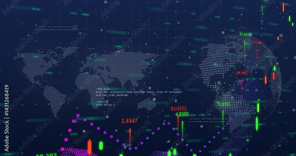 Poster dotted flat world map presenting streaming candlestick charts, floating code and purple line graphs