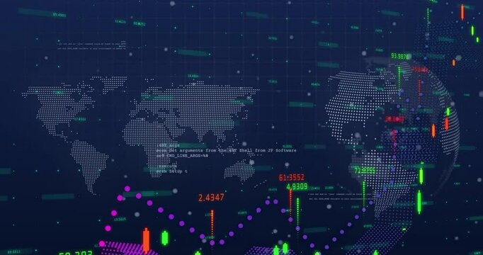 Dotted flat world map presenting streaming candlestick charts, floating code and purple line graphs