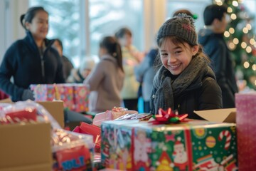 Community organizing toy drive, donating, wrapping, sorting gifts, spirit of giving togetherness