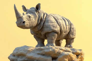 Fototapeta premium Gray rhinoceros statue perched atop a rocky outcrop.