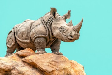 Fototapeta premium Gray rhinoceros statue perched atop a large rock formation.