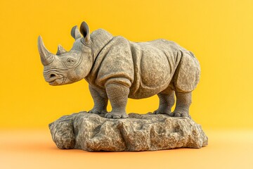 Fototapeta premium Grey rhinoceros statue atop a rock formation against a bright backdrop.