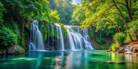 Naklejka premium Waterfall cascade into lake amidst lush green trees, tranquil scene