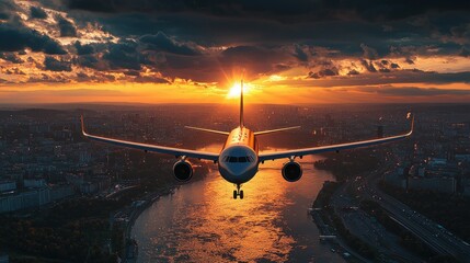 Sunset Flight Over Cityscape: Airplane Soaring Above Urban Landscape During Golden Hour