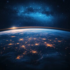 Obraz premium Captivating Earth from Space View with City Lights and Milky Way Galaxy in the Dark Night Sky
