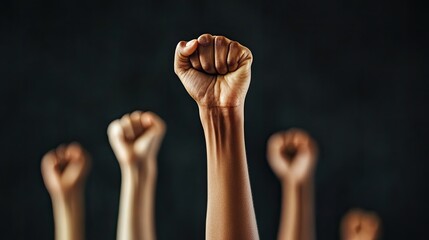 A group of raised fists in various skin tones against a warm brown background, symbolizing unity and strength.