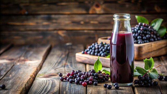 Dark purple juice with a few floating chokeberries in a glass bottle on a rustic wooden table, wooden, nature