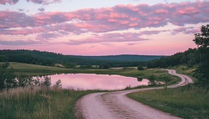 Serene country road at sunset reflecting in a tranquil pond