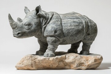 Obraz premium Detailed stone carving of a black rhinoceros.