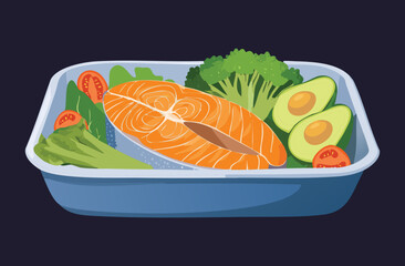 Salmon Steak with Vegetables - Vector Illustration