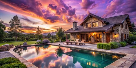 Cozy rustic stone and wood house surrounded by lush greenery next to a serene pool under a stunning acrylic roof with a breathtaking purple evening sky , countryside, pool