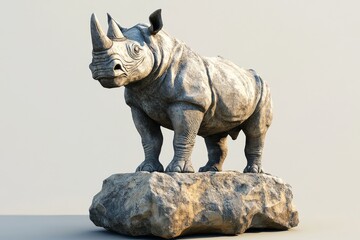 Fototapeta premium Detailed stone sculpture of a rhinoceros on a rocky outcrop.