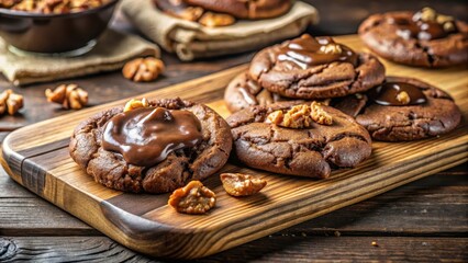 Obraz premium Gooey Chocolate Walnut Cookies with Melted Center on a Wooden Cutting Board