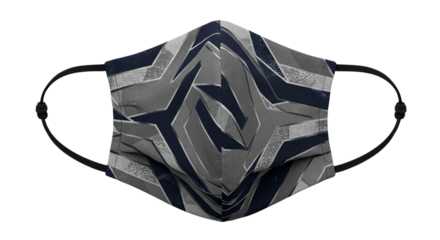 A face mask with a geometric pattern of gray and navy blue on a black background with ear straps shown