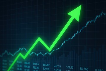 Market Ascendancy: An upward-trending graph, illustrated with a prominent green arrow against a dark backdrop, symbolizing growth and financial progress. 