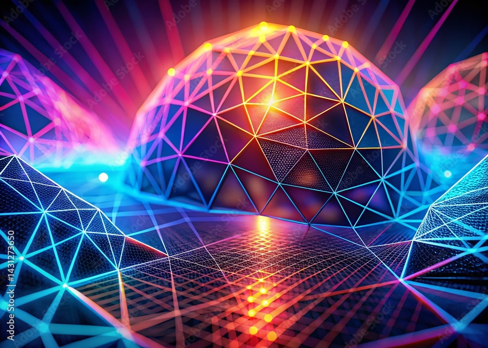 Aufkleber retro futuristic wireframe mesh: y2k synthwave 3d grid tilt-shift stock photo
