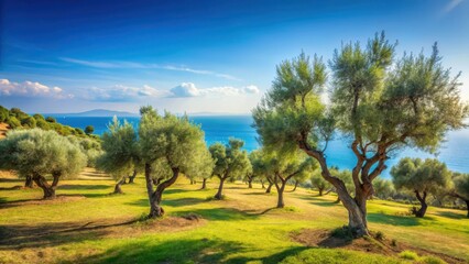 Fototapeta premium Serene Mediterranean landscape with olive trees swaying in the gentle breeze under a clear blue sky , idyllic setting, outdoor scene