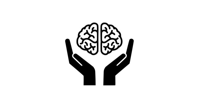 Hands clasping a brain black and white icon