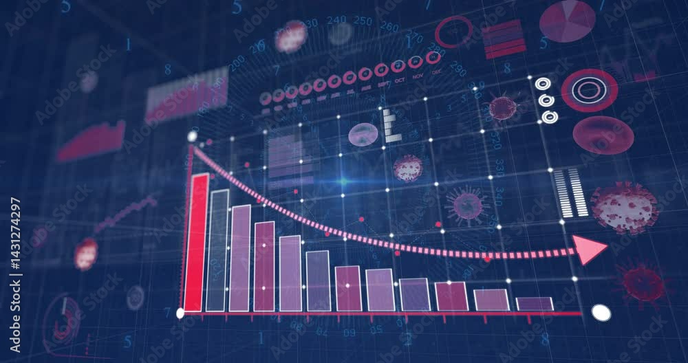 Poster data bar chart floating over dark blue grid, displaying declining trend with virus icons