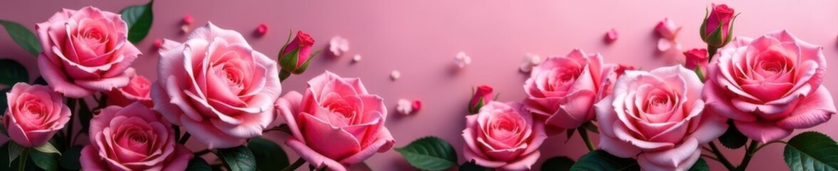 Fototapeta premium Lush pink rose border, vibrant blooms, soft petals, botanical, background, bloom