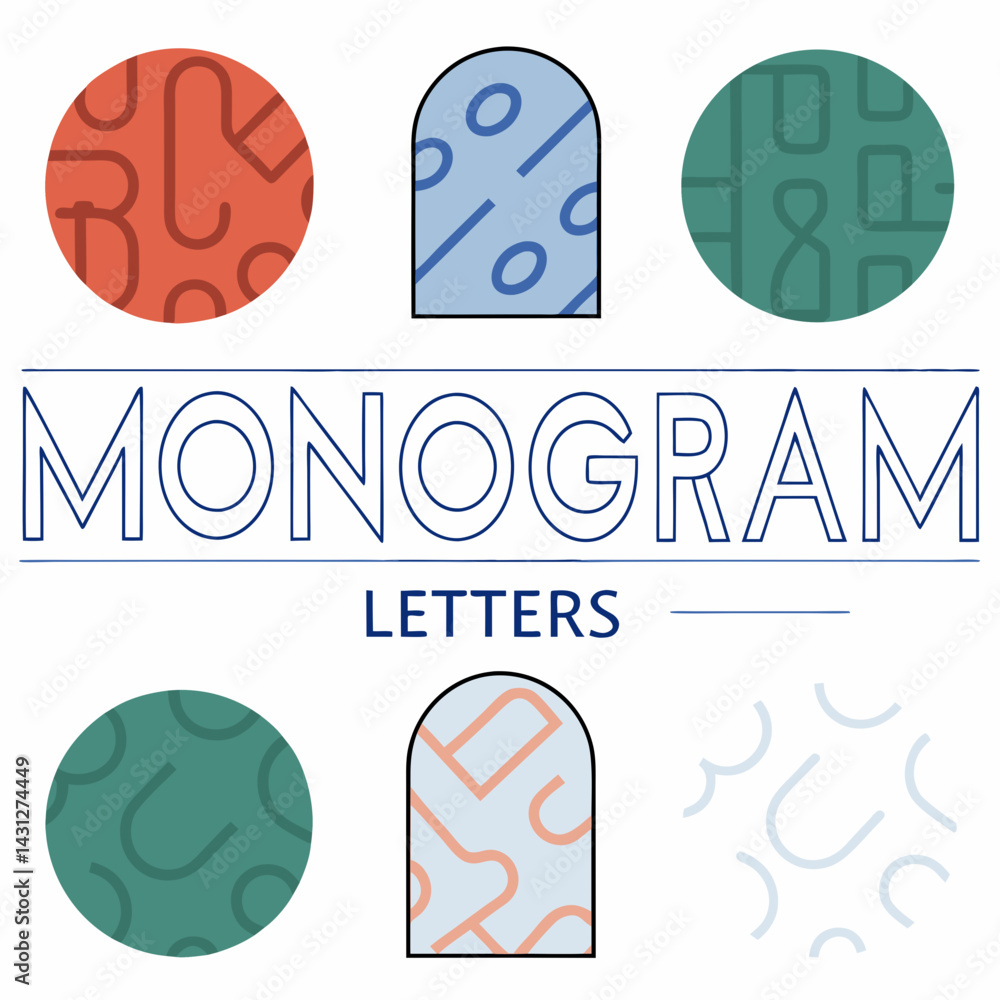 Aufkleber monogram letters design featuring colorful patterns and shapes, perfect for branding and personaliza
