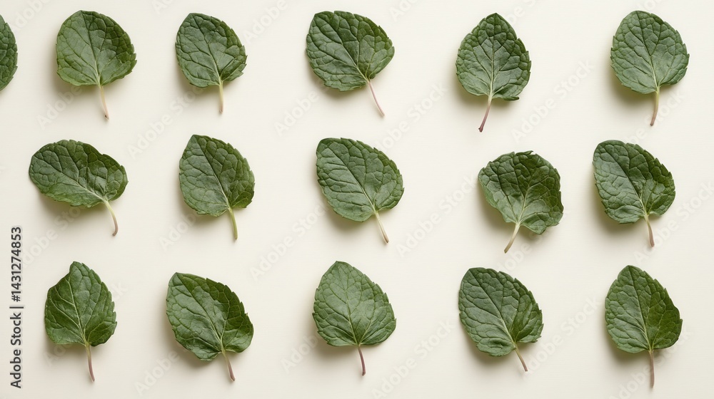 Poster fresh mint leaves arranged in a neat pattern on a light cream background creating a calming and natu
