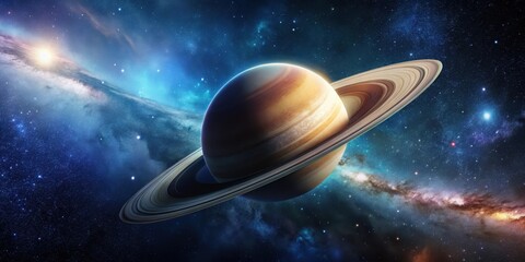 Planet Saturn isolated on a dark blue background with stars and galaxies in the distance, universe, space,  universe
