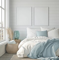 Serene White Bedroom Interior with Blank Frames and Natural Light