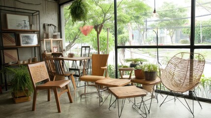 Fototapeta premium Cozy cafe interior with natural wood furniture and greenery