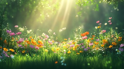 Obraz premium Vibrant Meadow of Colorful Flowers Under Soft Sunlight