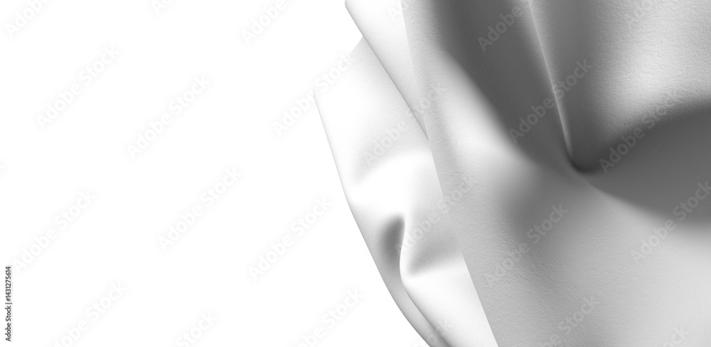 Poster Close-up of a white fabric drape, showcasing its texture and folds. The fabric is illuminated by a soft, white light, creating a dramatic contrast against the dark background.