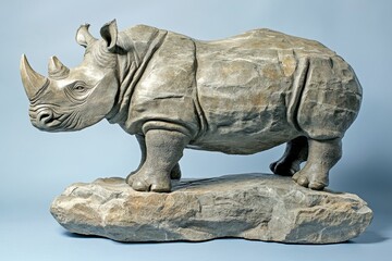 Fototapeta premium Gray stone sculpture of a rhinoceros on a rocky base.