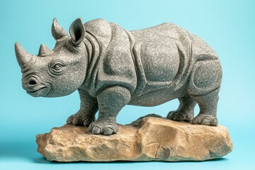 Fototapeta premium Gray stone rhinoceros sculpture on a natural rock base.