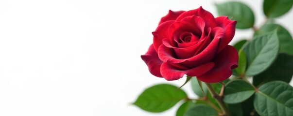 Velvety dark red rose, vibrant green foliage, clean white isolation, image, closeup