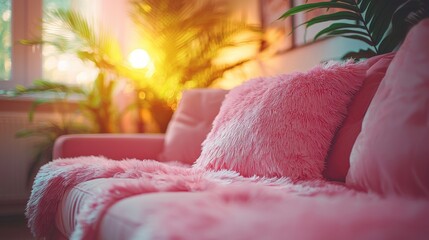 Cozy Pink Couch with Soft Fur Throw and Bright Sunset Glow