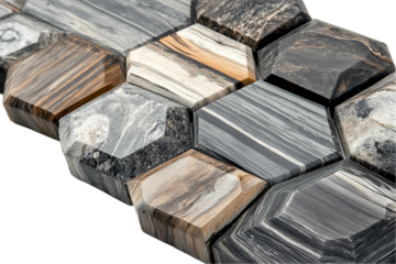 Hexagonal Stone Mosaic: Varied Textures, Gray and Brown Tones, Interlocking Pattern.
