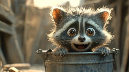 Cute cartoon raccoon peeking from a rusty bucket in a workshop.