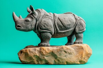Fototapeta premium Gray rhinoceros sculpture on a stone pedestal against a vibrant backdrop.